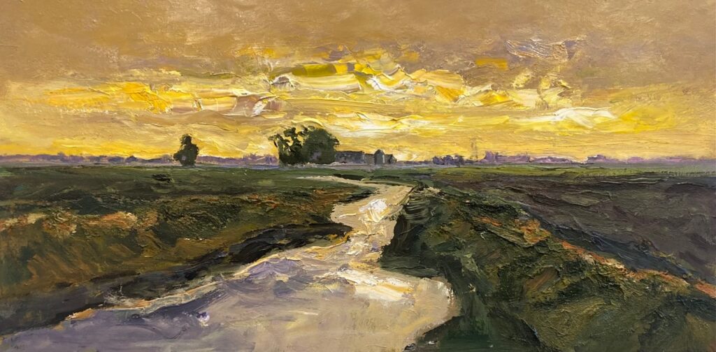 Landschap met gele lucht, 2025. Acryl op linnen, 50 bij 150 cm