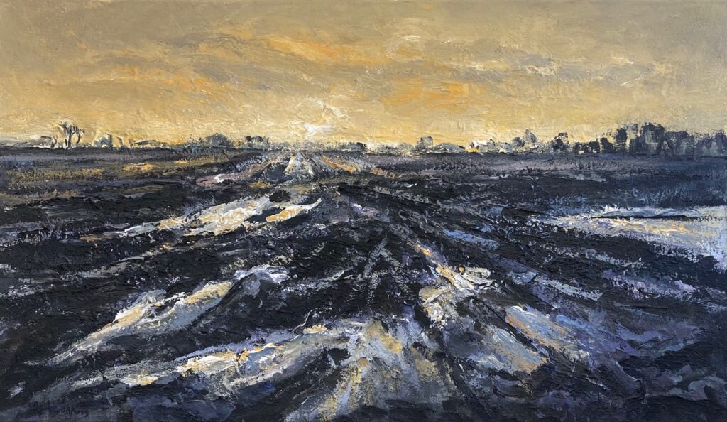 Verdronken land met gele lucht. Acryl op linnen, 70 bij 120 cm